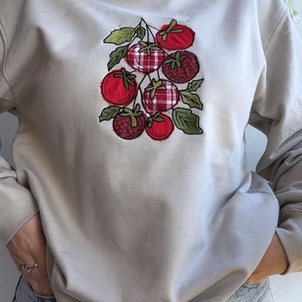 NWT tomato plant patchwork embroidered beige gray crewneck sweatshirt